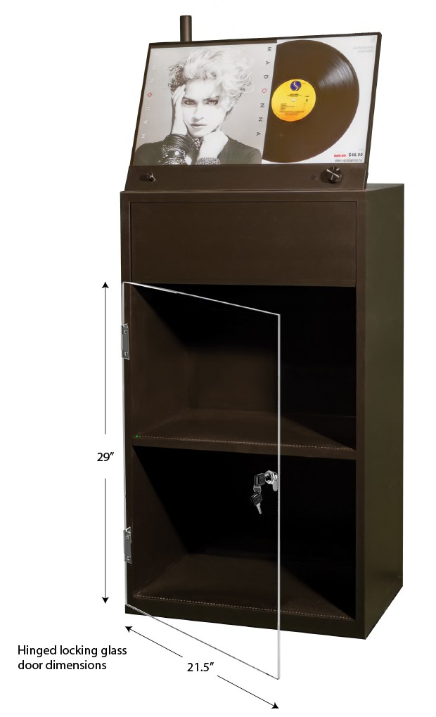 The Almont display cabinet with its hinged, locking glass door open. Dimensions marked: 29 inches tall by 21.5 inches wide. The screen above shows a life-size album with a $45.00 price.